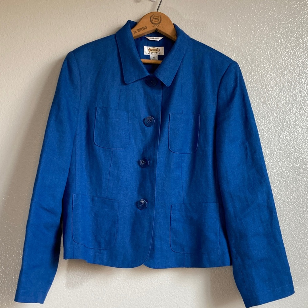 Vintage 90s Talbots Petites Royal Blue Irish Linen Blazer Preppy Jacket sz 12P - Picture 2 of 12